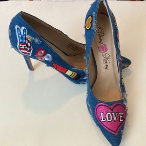 Penny Loves Kenny Blue Denim Multi Patches Heels